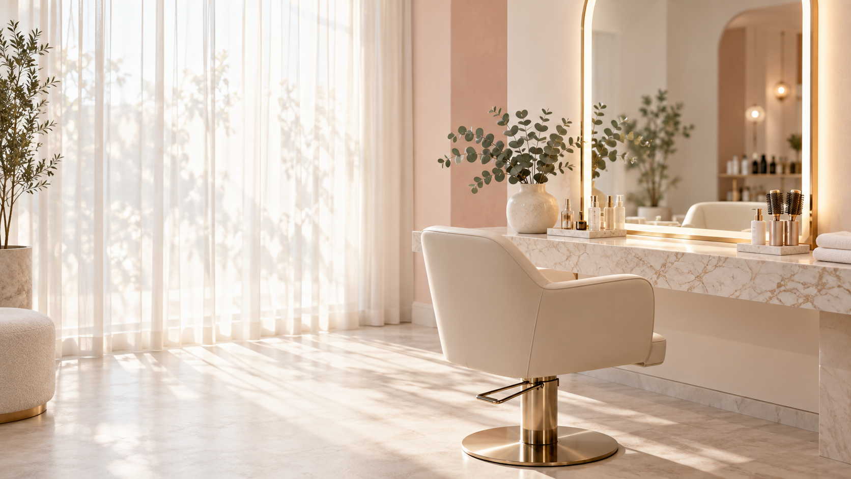 Illustrative bright salon styling station with cream chair, backlit mirror, and eucalyptus sprig in soft daylight